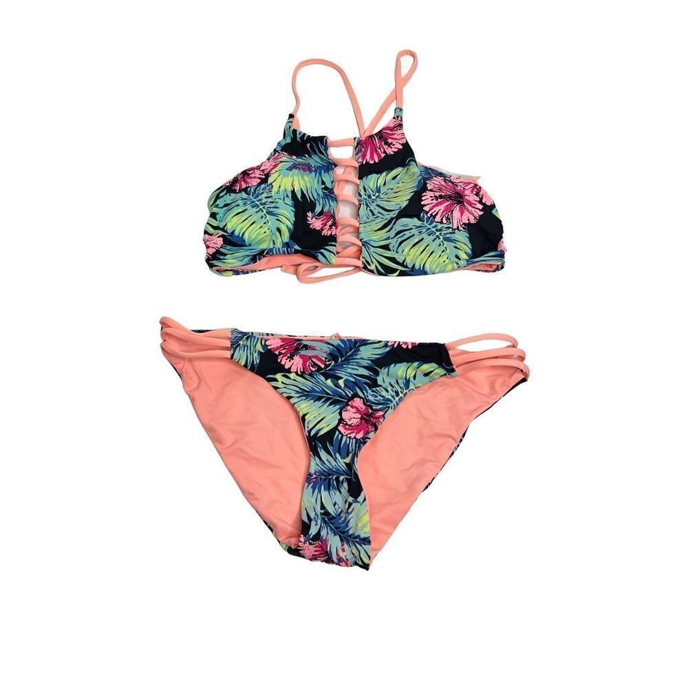 Tinibikini reversible 2 piece peach and tropical print bikini size S